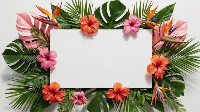 Tropical floral frame with blank white space for text or images.