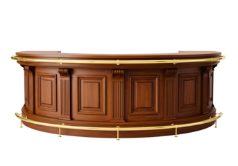 Luxurious wooden reception desk with gold accents isolated on transparent background