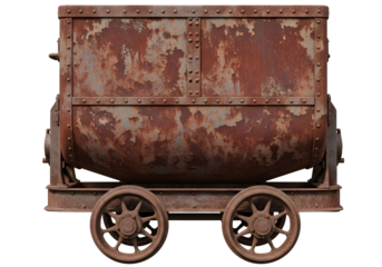 Rusty old mining cart on wheels isolated on transparent background