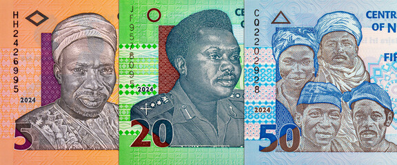 Naira Nigeria banknotes of various denominations. Money of Africa. New polymer money of Nigeria