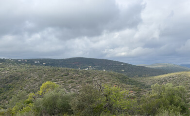 Obraz premium A green hilly landscape under a cloudy sky