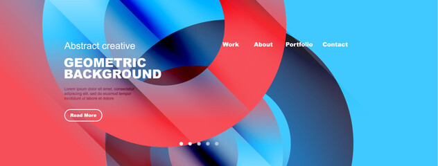 Fototapeta premium Abstract geometric background design. Website header with navigation elements, text, red button. Vibrant colors, modern style.