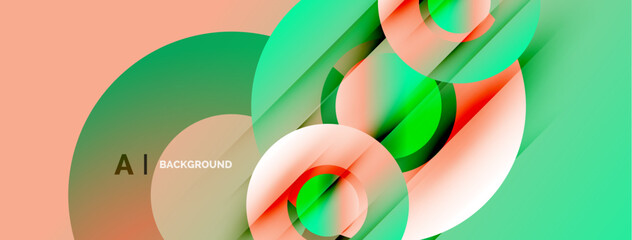 Abstract design features overlapping circles, lines. Peach, green hues create modern visual effect. Smooth gradients enhance depth.