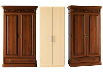 Two brown wooden cabinets with doors and a cream panel isolated on transparent background