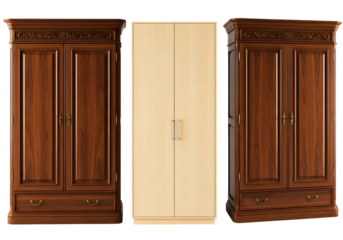 Two brown wooden cabinets with doors and a cream panel isolated on transparent background