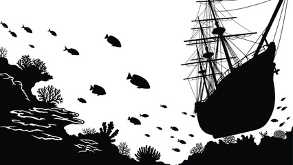 Underwater shipwreck silhouette with coral reef and fish school deep sea ocean diving adventure marine life background black and white vector illustration © Creative Mind