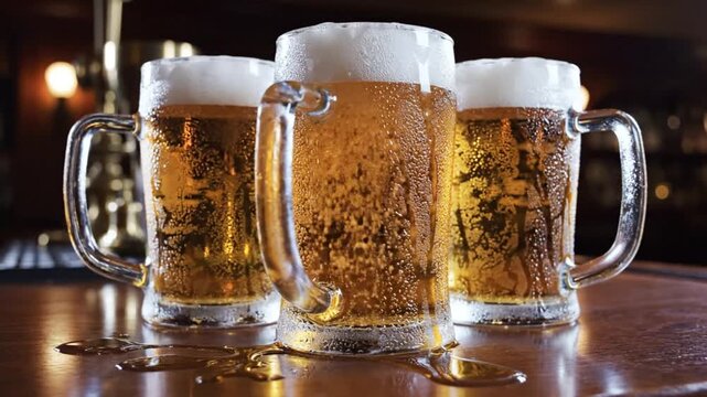 Three overflowing cold beer mugs with condensation and foam on a wooden bar creating a pub atmosphere