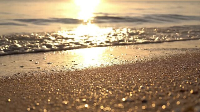 Sparkling Shoreline Track beach sparkle summer A smooth, low angle tracking shot along the water's edge, focusing on the dynamic interplay of sunlight on the incoming and outgoing gentle surf  