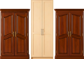 Two brown wooden cabinets with doors and a cream panel isolated on transparent background