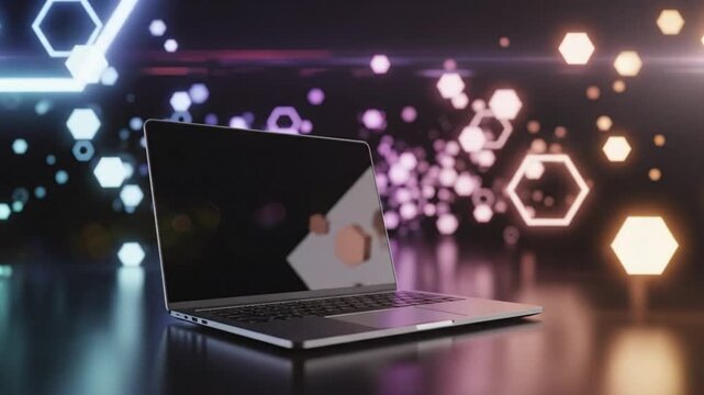 Futuristic laptop display with vibrant glowing hexagons in a dark digital tech environment