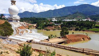 Majestic White Pagoda Overlooking Serene River Landscape in Vietnam.