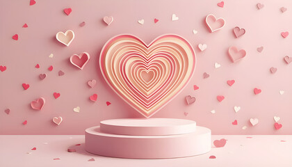 3D Layered Concentric Hearts Backdrop with Two-Tiered Pink Podium and Scattered Heart Confetti