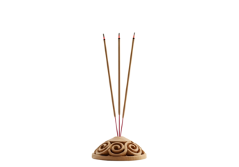 Incense sticks in a decorative wooden holder on transparent background