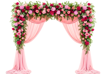 Beautiful pink and red floral wedding arch with greenery isolated on transparent background
