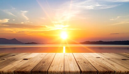 Golden Sunset Over the Ocean with Wooden Deck.