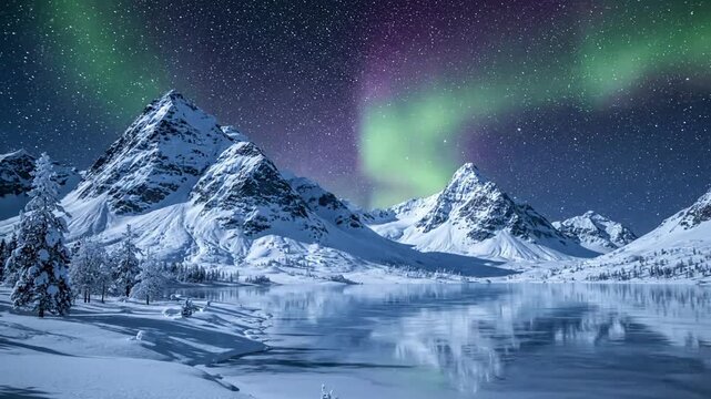 Aurora Reflected Ice aurora glow winter View of the aurora's shifting colors reflecting intensely on the glassy surface of a frozen lake, creating a symmetrical, mesmerizing double image.
