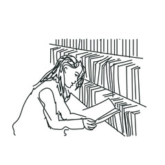 Person Engaged in Reading at a Bookshelf