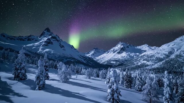 Winter's Abstract Light Show aurora glow Close up, slow push in, focusing on intricate ice formations and hoarfrost covered branches, with a soft aurora glow in the blurred background.