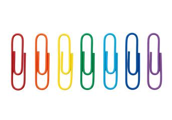 Obraz premium Colorful paper clips in rainbow colors isolated on transparent background