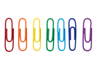 Obraz premium Colorful paper clips in rainbow colors isolated on transparent background