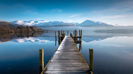 Obraz premium Winter lake with snow covered jetty on still water at Loch Lomond, perfect reflection of mountains, mist and blue sky, calm landscape of quiet nature, serenity and peaceful outdoor atmosphere.
