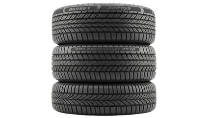 Stack of three car tires isolated PNG on transparent background, new black rubber automobile tyres for vehicle safety and transportation