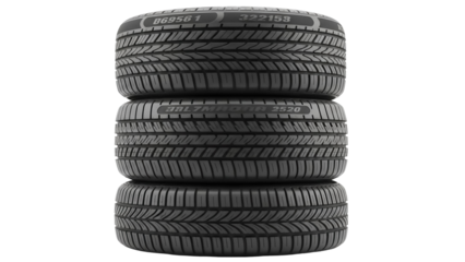Stack of three car tires isolated PNG on transparent background, new black rubber automobile tyres for vehicle safety and transportation