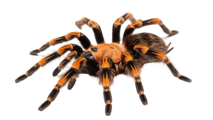 Mexican red knee tarantula isolated PNG, a large spider with orange and black markings on its legs and body, arachnid pet