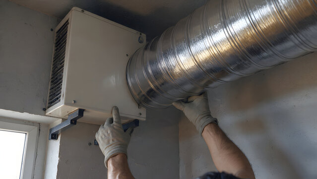 Detailed Residential HVAC Duct Connection Work Showing Proper Sealing and Insulation Techniques