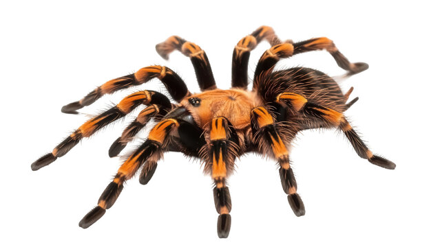 Mexican red knee tarantula isolated PNG, a large spider with orange and black markings on its legs and body, arachnid pet