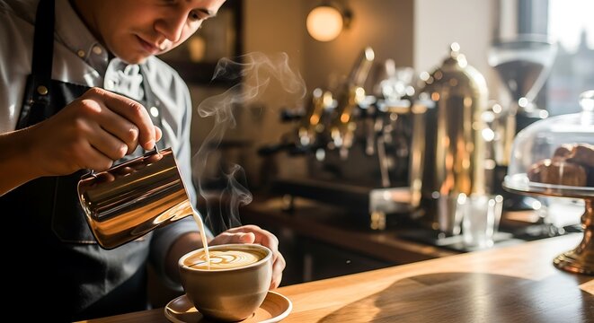 Barista Pouring Latte Art with Precision in a Coffee Shop.