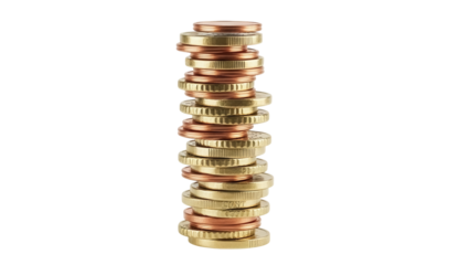 Stack of euro coins isolated on transparent PNG, pile of money for savings and investment concepts, financial wealth and economic growth