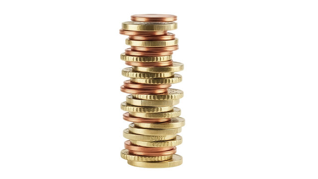 Stack of euro coins isolated on transparent PNG, pile of money for savings and investment concepts, financial wealth and economic growth
