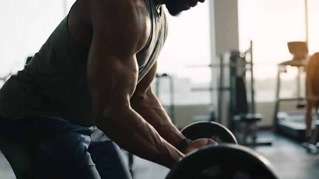 Focused Muscular Man Performing Barbell Rows in Bright Modern Gym with Effort