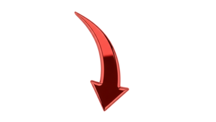 Shiny red arrow pointing down isolated PNG, glossy 3D render on transparent background for graphic design and web use