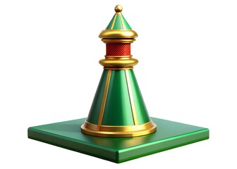 A green and gold decorative chess piece on a square base