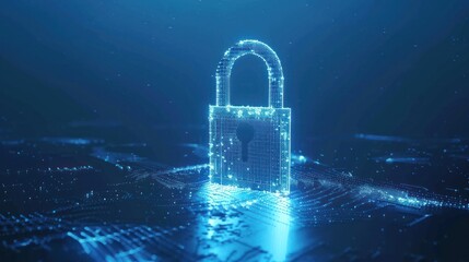 A glowing padlock constructed from digital particles floating on a blue circuit board
