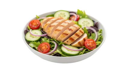 Grilled chicken salad with fresh vegetables isolated PNG, healthy eating and balanced diet concept for restaurant menu and food blog