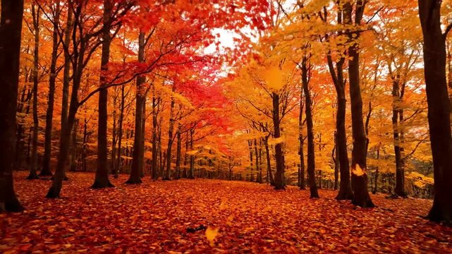 Vibrant Detail maple leaves autumn Macro or close up shot focusing on the intricate patterns, veins, and dew drops on a single, perfectly colored maple leaf.