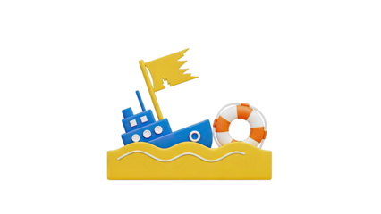 3D Cartoon Boat on Beach with Lifebuoy