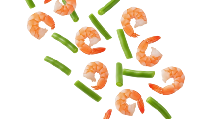 Delicious cooked shrimp and green beans PNG isolated on transparent background, healthy seafood and vegetable ingredients for cooking and food design