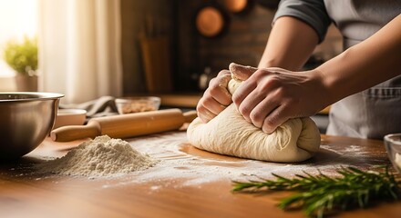 Baking Bread - Hands Kneading Dough on Wooden Table with Flour.