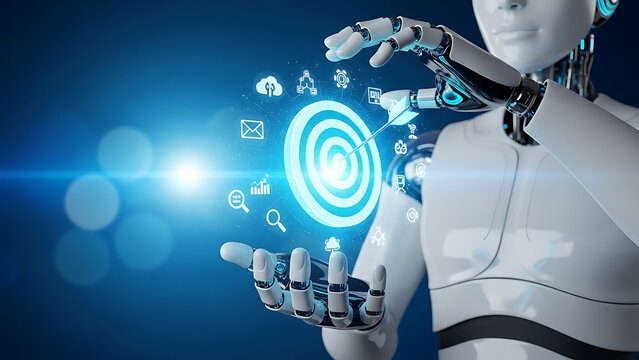 Artificial intelligence robot hand precisely hitting a digital target surrounded by business technology interface icons