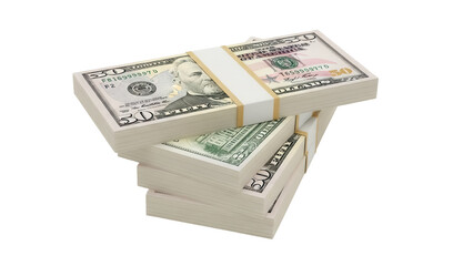 Stack of fifty dollar bills PNG isolated on transparent background, pile of money for finance and investment concepts