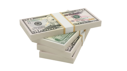 Stack of fifty dollar bills PNG isolated on transparent background, pile of money for finance and investment concepts