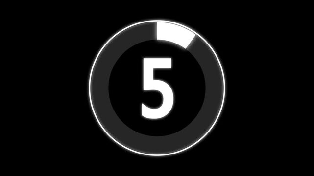 Countdown timer from 0 to 5 seconds real time. Modern flat design of countdown animation. Numerical counting from 0 to 5. Circular progress bar with bright neon white light.