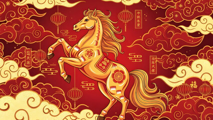 Fototapeta premium Golden horse rearing amidst auspicious red and gold clouds, Chinese New Year celebration art.