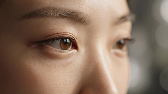 Close up view of woman&acirc;&euro;TMs eyes looking towards the side showcasing brown irises, natural skin, and eye lashes.