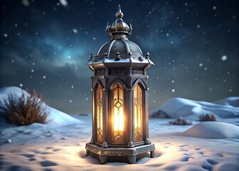 Glowing lantern in snowy night landscape with starry sky