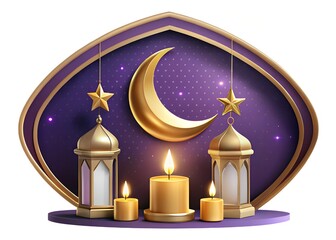 Ramadan mubarak islamic crescent moon and lanterns with candles